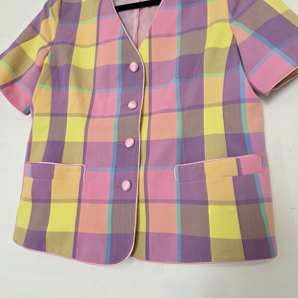 Vtg Plaid Checkered Pastel Blazer Jacket Womens M/L Artsy Retro Pockets Easter - Picture 3 of 8